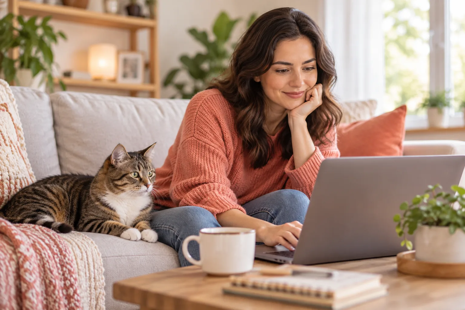 Cat owner using a laptop at home
