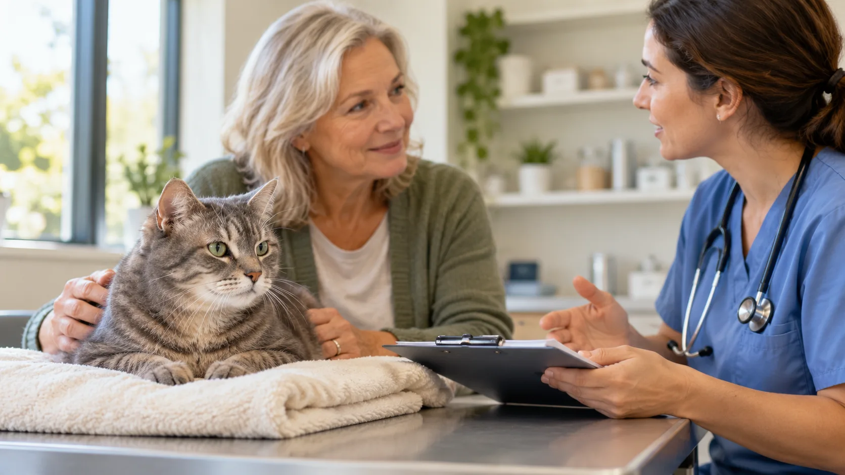 Owner discussing a tabby cat’s care with a veterinary professional
